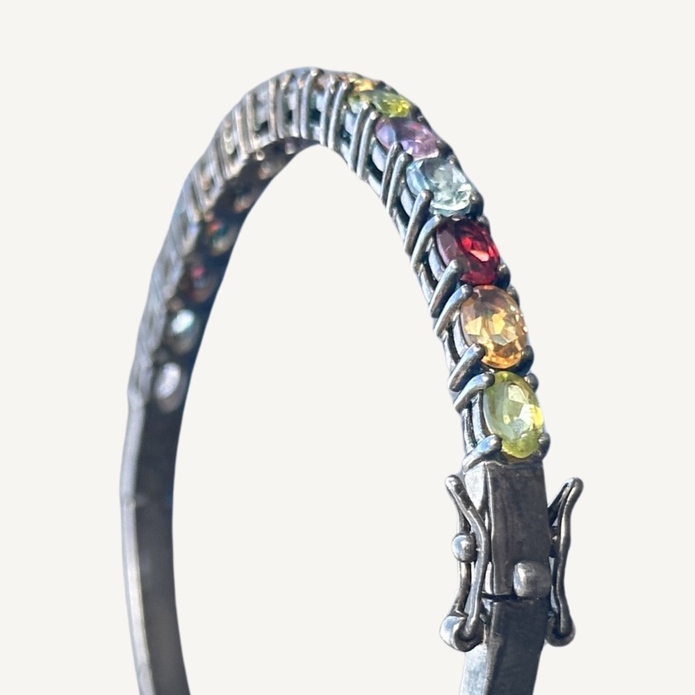 Sterling Silver Natural Gemstones Bangle Bracelet - Vintage Women Jewelry